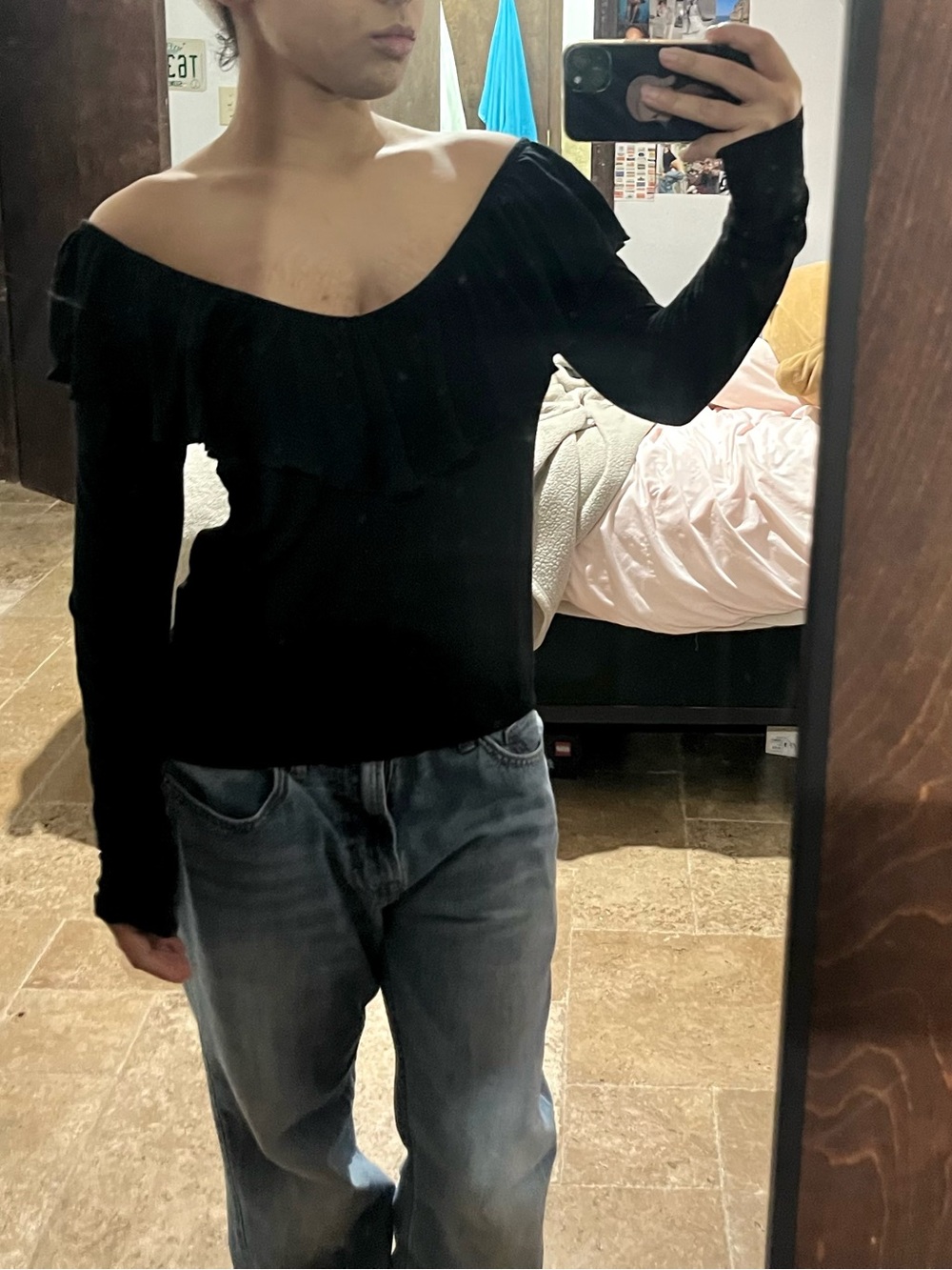 Express Black Off Shoulder Ruffle Long Sleeve Top Y2K Size S